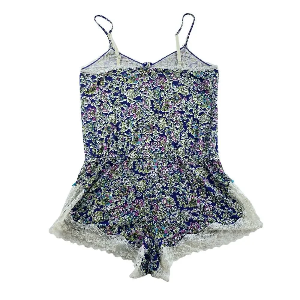 Victoria's Secret Blue Floral Lace Trim Cami Romper‎ Small
